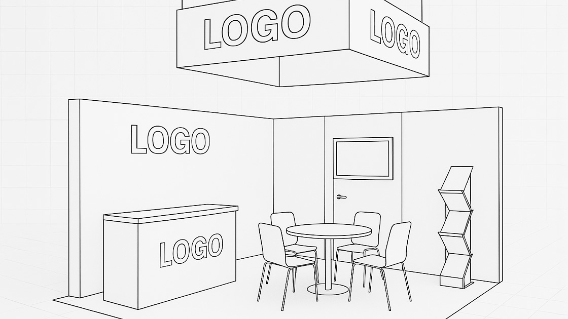 3D-Visualisierung eines Messestand-Konzepts von MA Messebau mit Theke, Tisch und Rückwand
